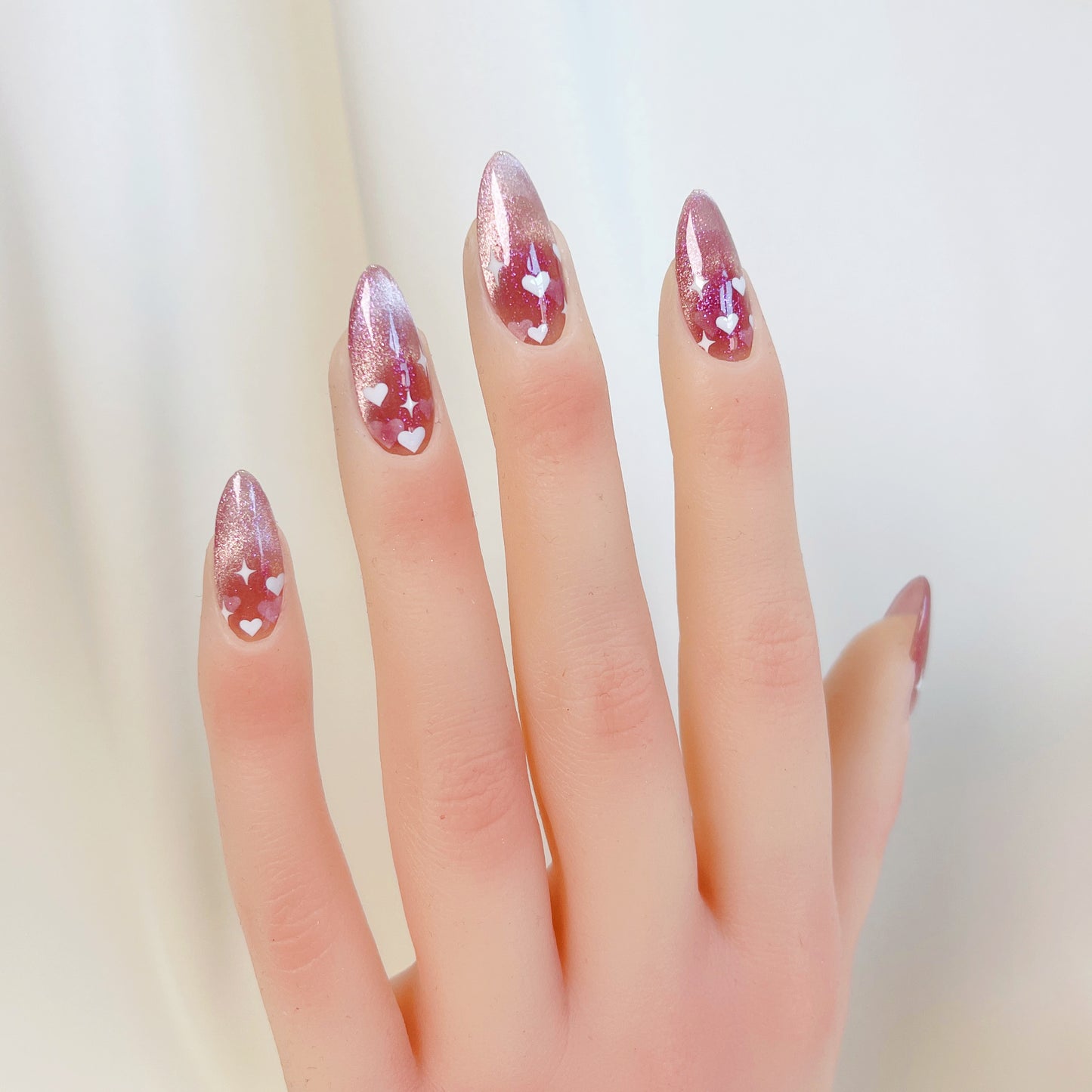 PO030 pink cat eye heart almond press on nails