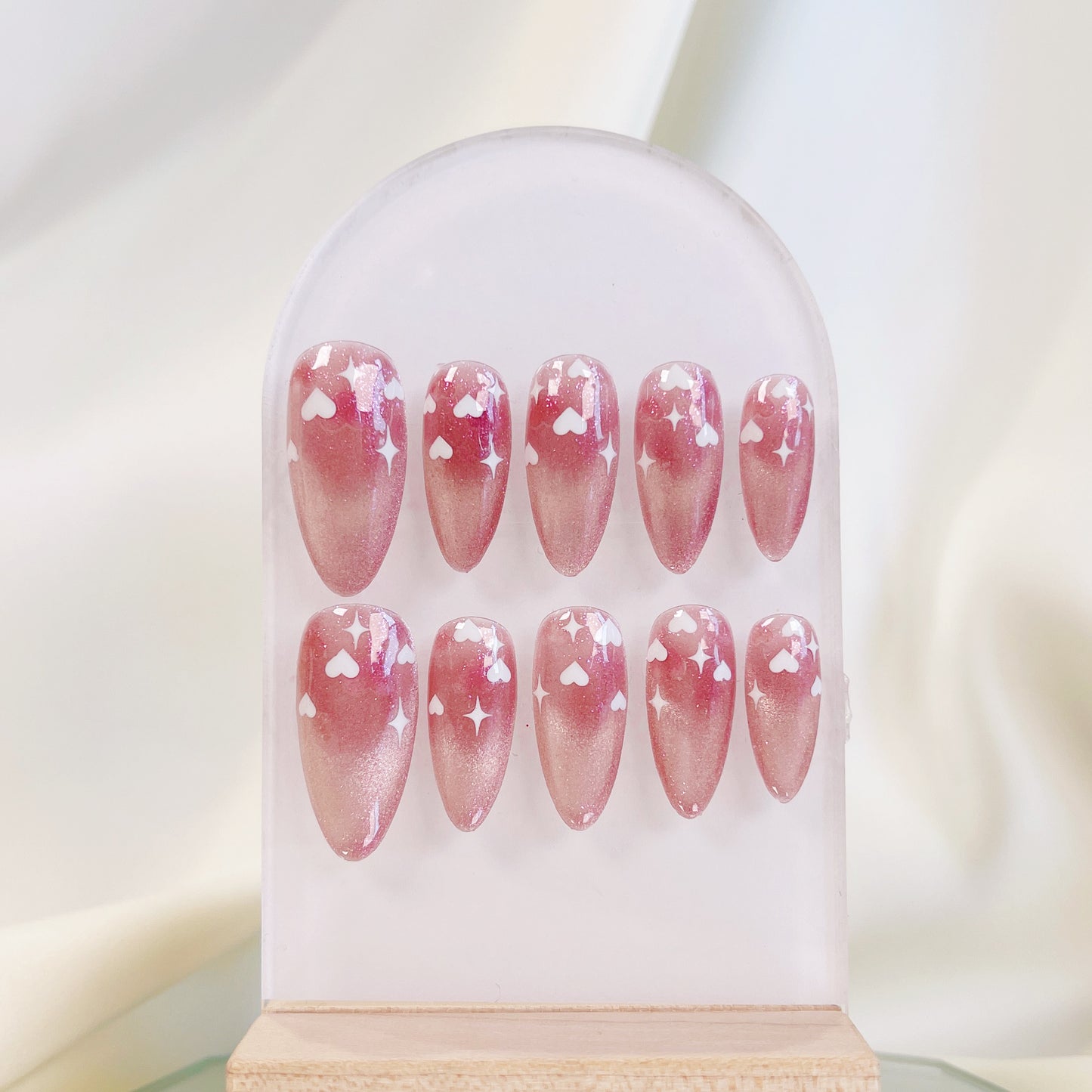 PO030 pink cat eye heart almond press on nails