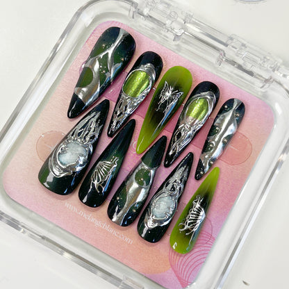 PO029 cyberpunk green gothic long stiletto press on nails