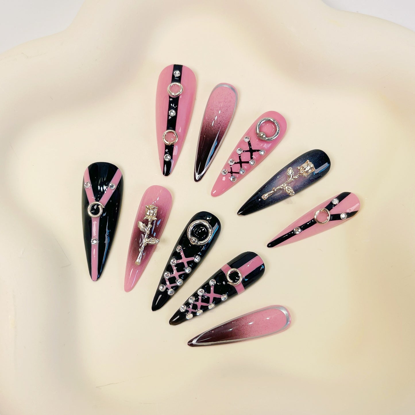 PO036 pink black gothic long stiletto press on nails