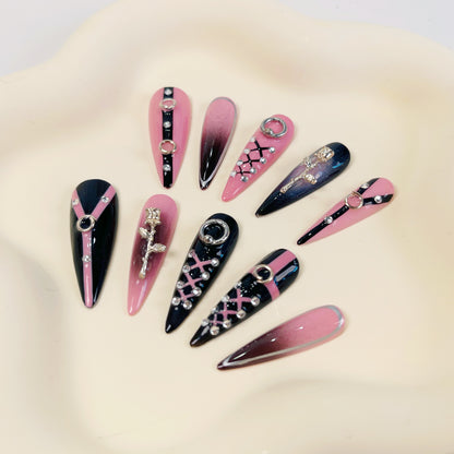 PO036 pink black gothic long stiletto press on nails