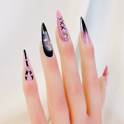 PO036 pink black gothic long stiletto press on nails