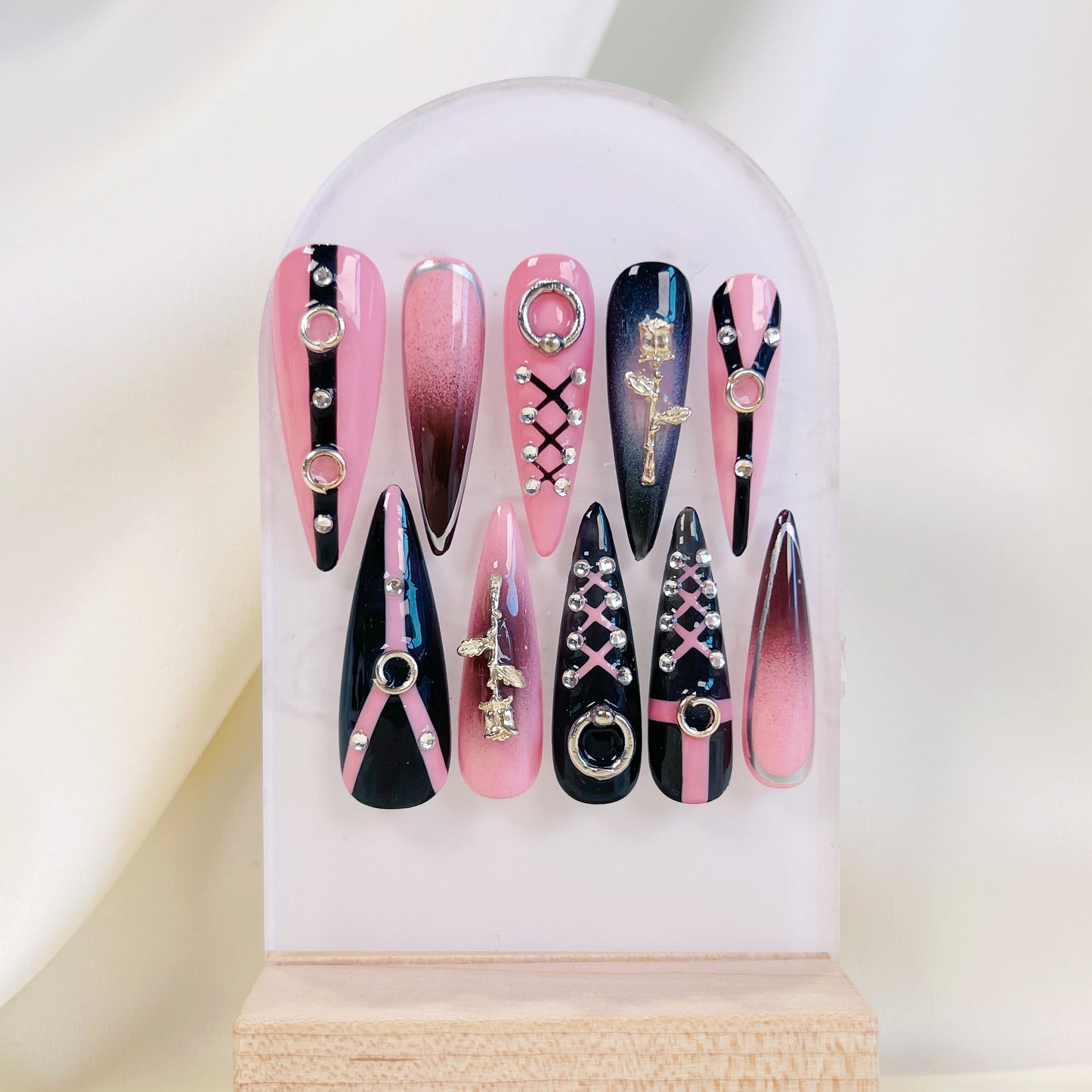 PO036 pink black gothic long stiletto press on nails