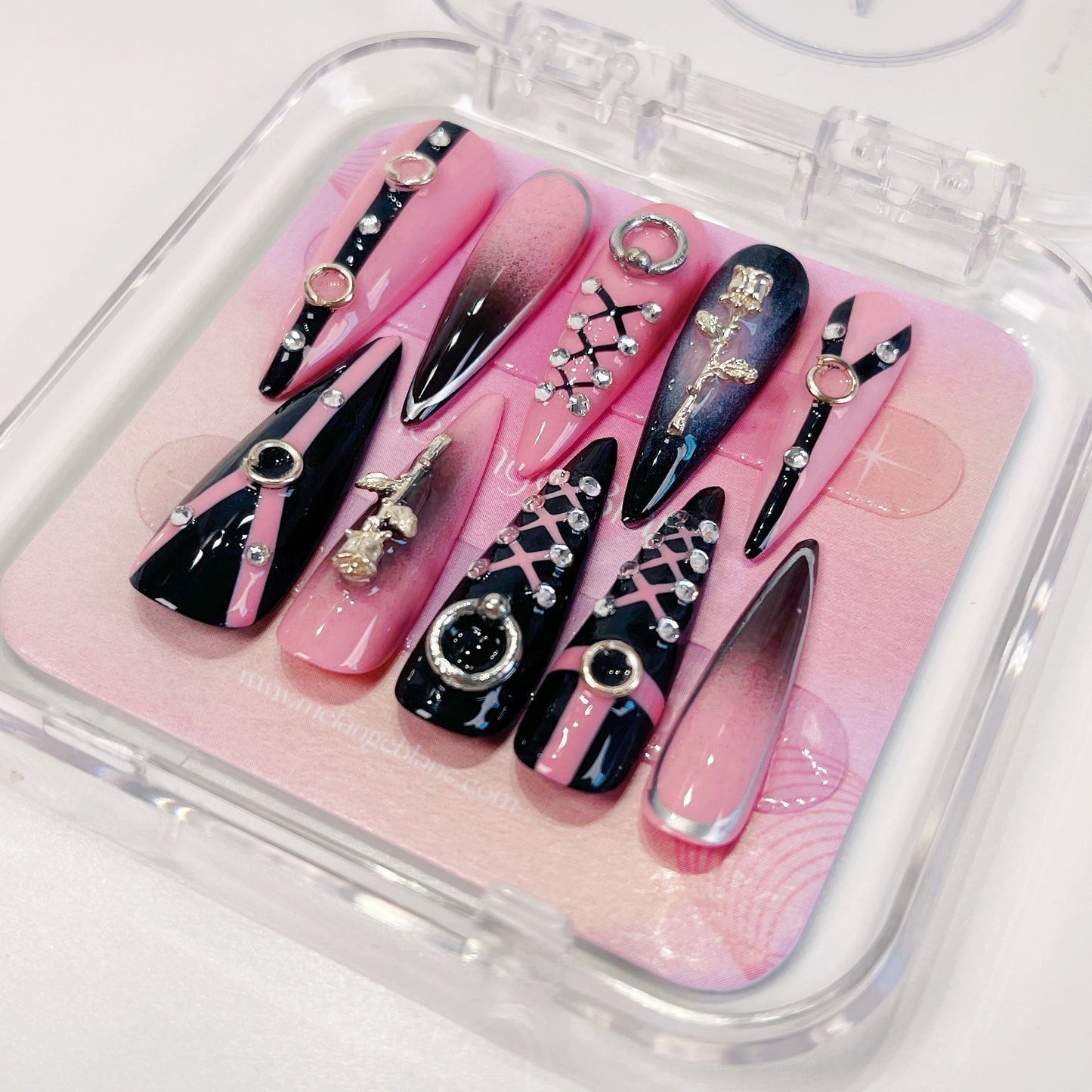 PO036 pink black gothic long stiletto press on nails