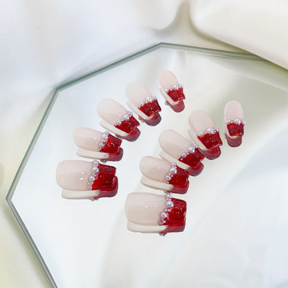 PO038 red french tip short coffin press on nails