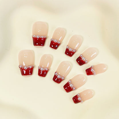 PO038 red french tip short coffin press on nails