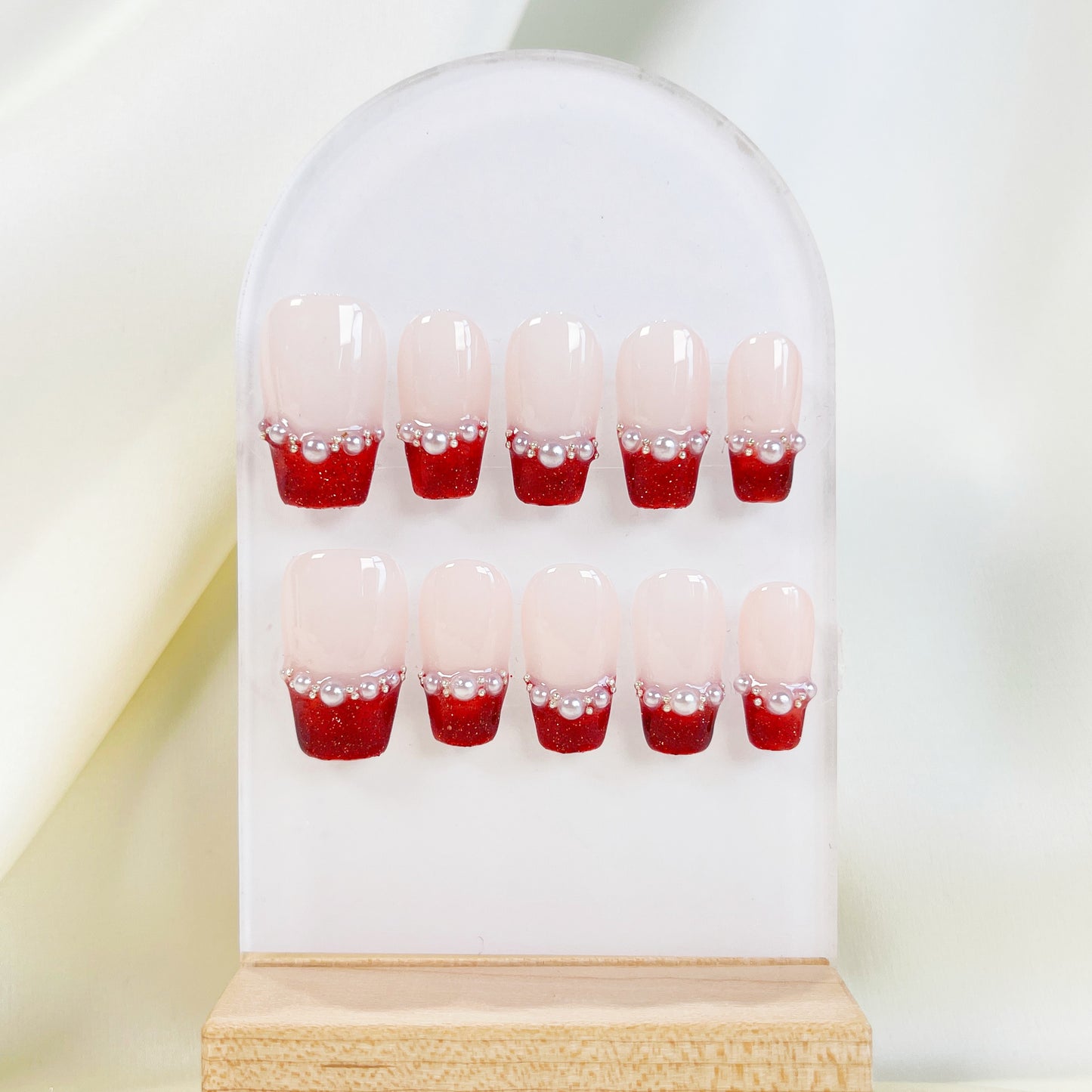 PO038 red french tip short coffin press on nails