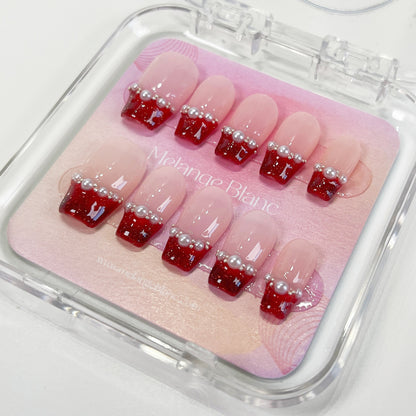 PO038 red french tip short coffin press on nails