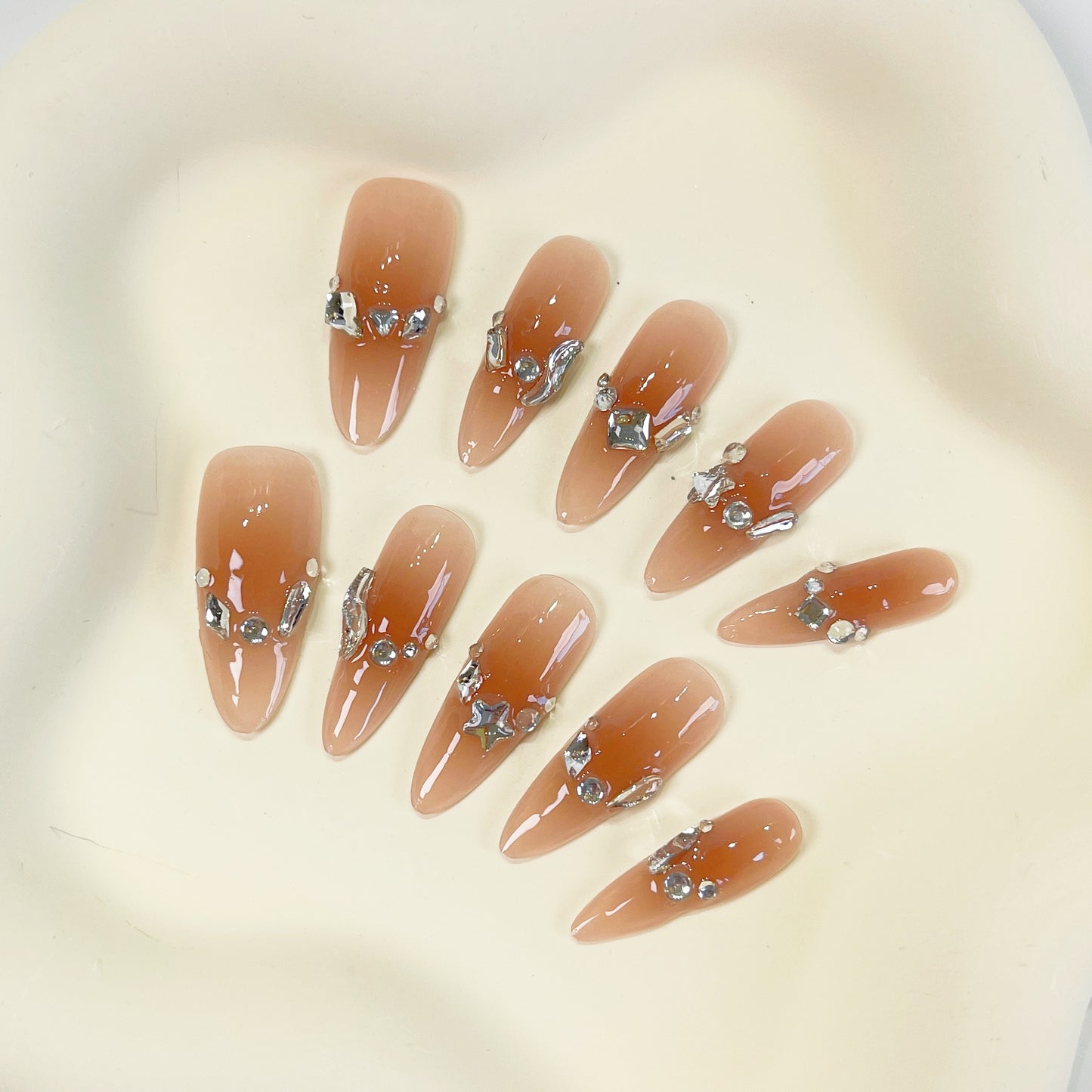 PO039 nude aurora crystal gem almond press on nails