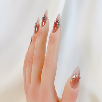 PO039 nude aurora crystal gem almond press on nails