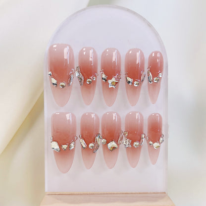 PO039 nude aurora crystal gem almond press on nails