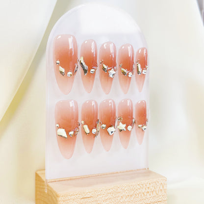 PO039 nude aurora crystal gem almond press on nails