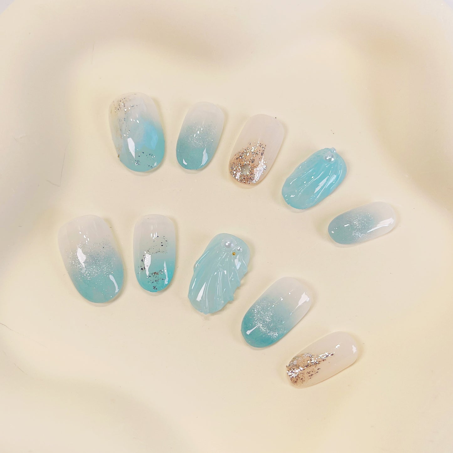 PO040 Tropical Beach 3D ocean blue round press on nails