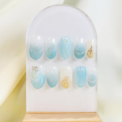 PO040 Tropical Beach 3D ocean blue round press on nails