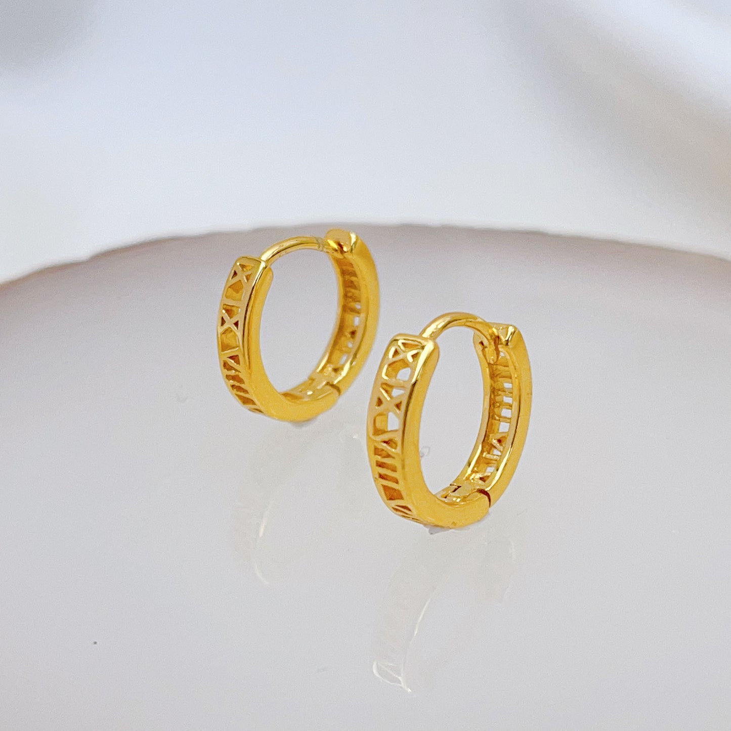 Gold Vermeil E065 Roman Numeral huggie Earrings