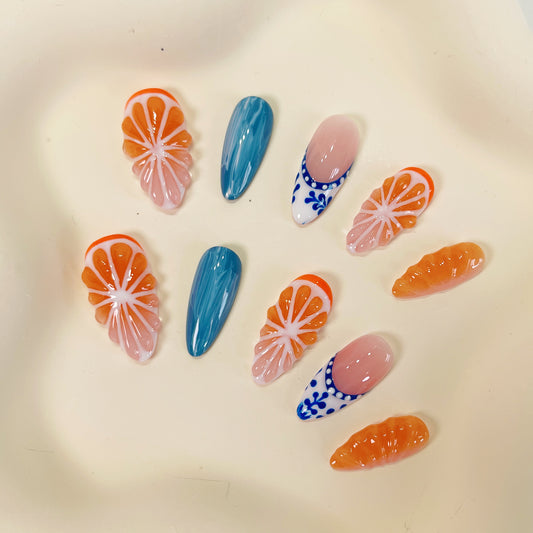 PO053 3d orange fruit press on nails