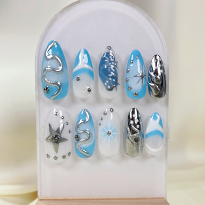 PO059 blue y2k abstract chrome press on nails