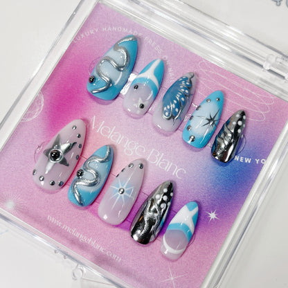 PO059 blue y2k abstract chrome press on nails