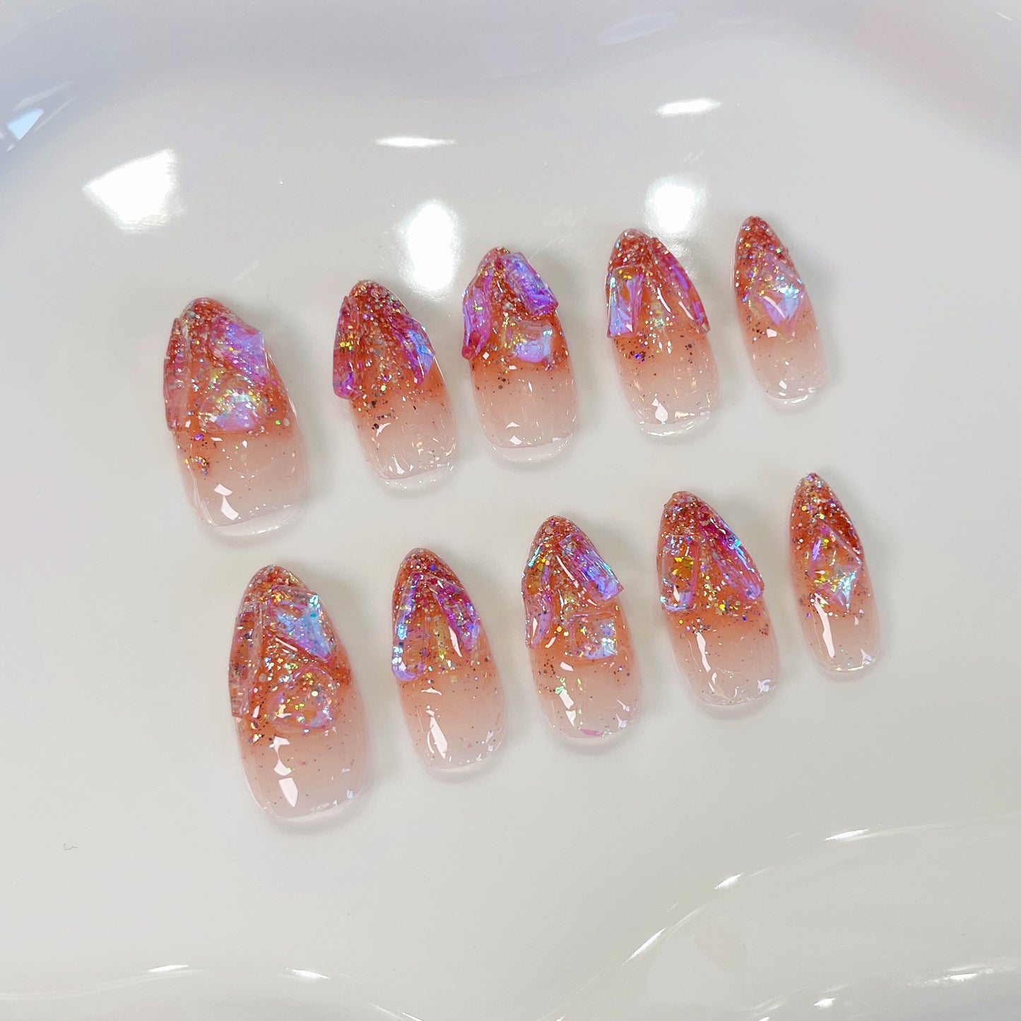 PO065 glitter crystal aurora press on nails