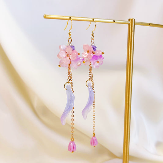 E194 purple flower long dangle earrings