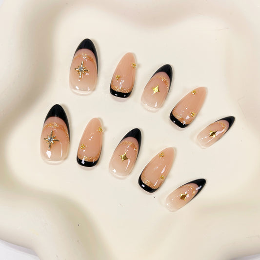 PO066 gold black french tips press on nails