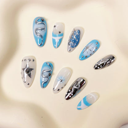 PO059 blue y2k abstract chrome press on nails