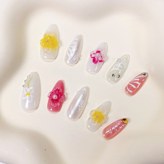 PO060 3d floral white iridescent press on nails