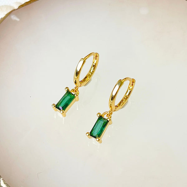 E150 gold emerald huggie hoop earring