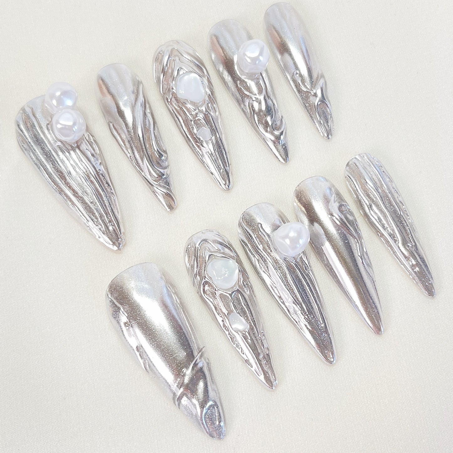 PO068 3D chrome silver metallic stiletto press on nails