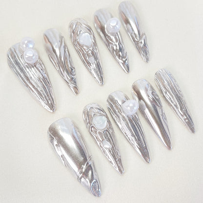 PO068 3D chrome silver metallic stiletto press on nails