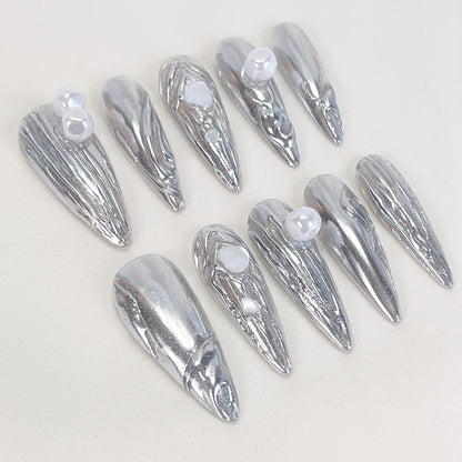 PO068 3D chrome silver metallic stiletto press on nails