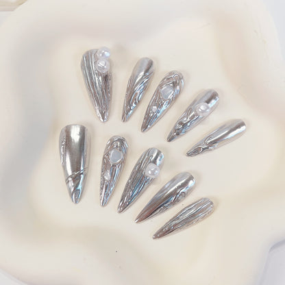 PO068 3D chrome silver metallic stiletto press on nails