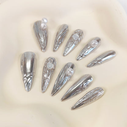 PO068 3D chrome silver metallic stiletto press on nails