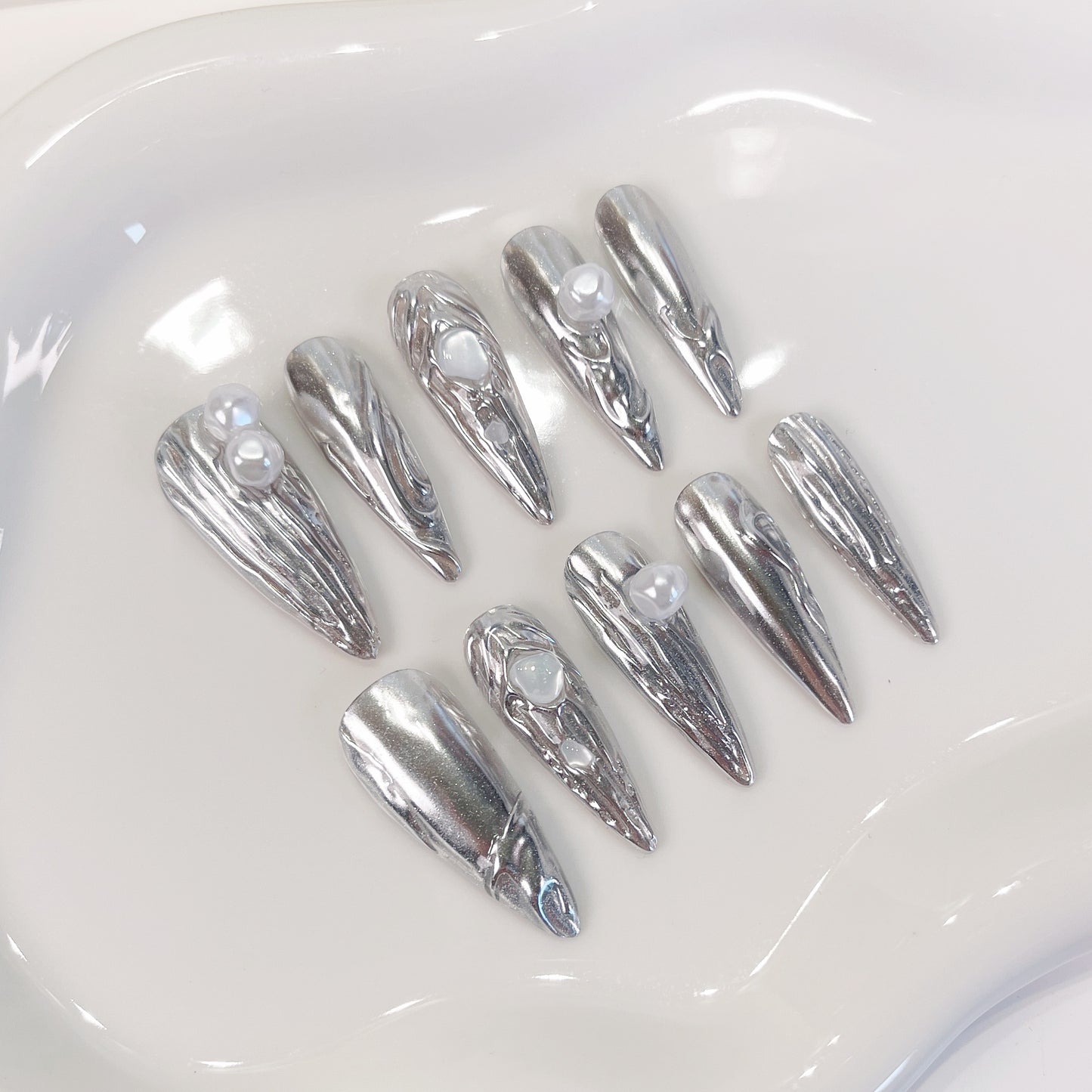 PO068 3D chrome silver metallic stiletto press on nails