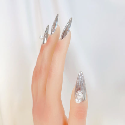 PO068 3D chrome silver metallic stiletto press on nails