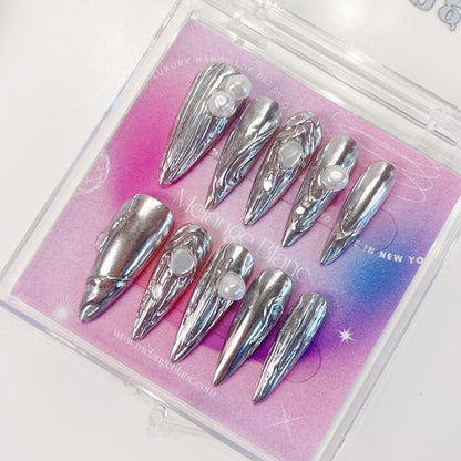 PO068 3D chrome silver metallic stiletto press on nails