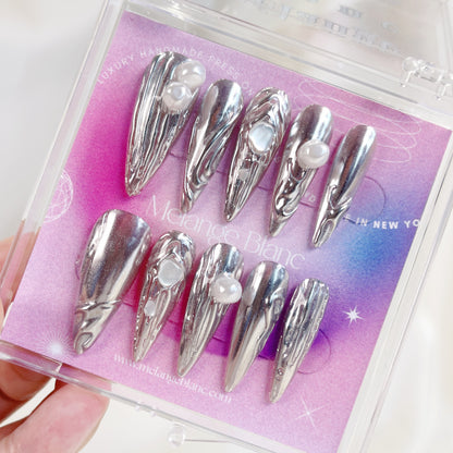 PO068 3D chrome silver metallic stiletto press on nails