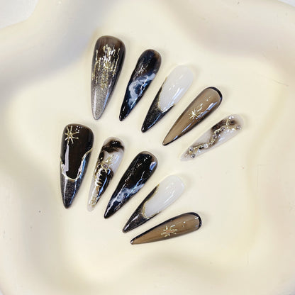 PO070 Black & White galaxy Stiletto Press-On Nails