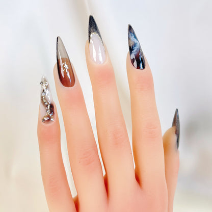 PO070 Black & White galaxy Stiletto Press-On Nails