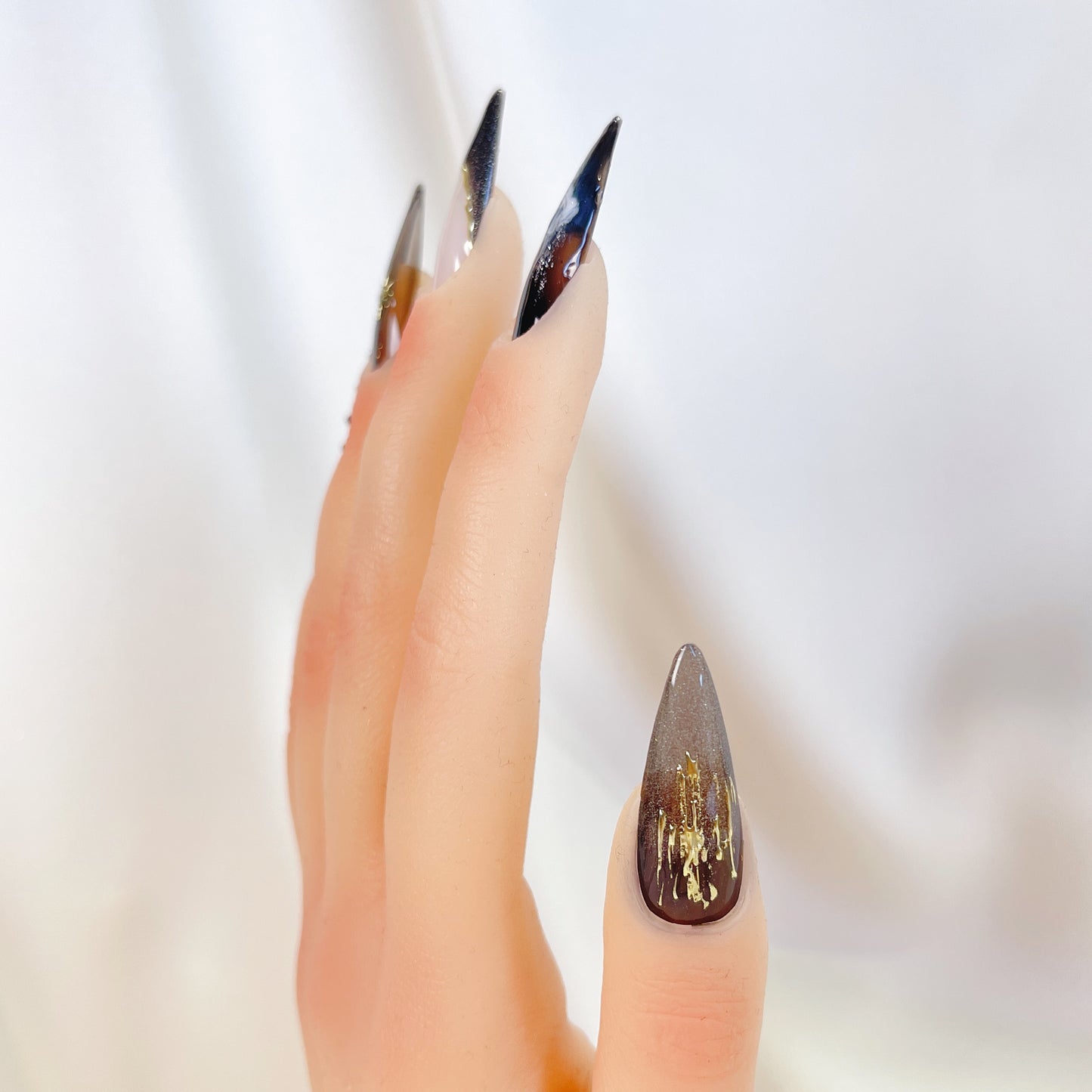 PO070 Black & White galaxy Stiletto Press-On Nails