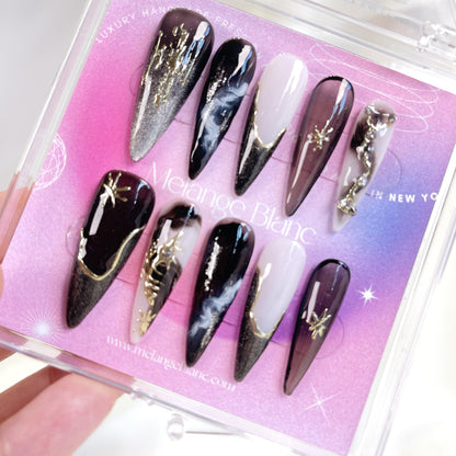 PO070 Black & White galaxy Stiletto Press-On Nails