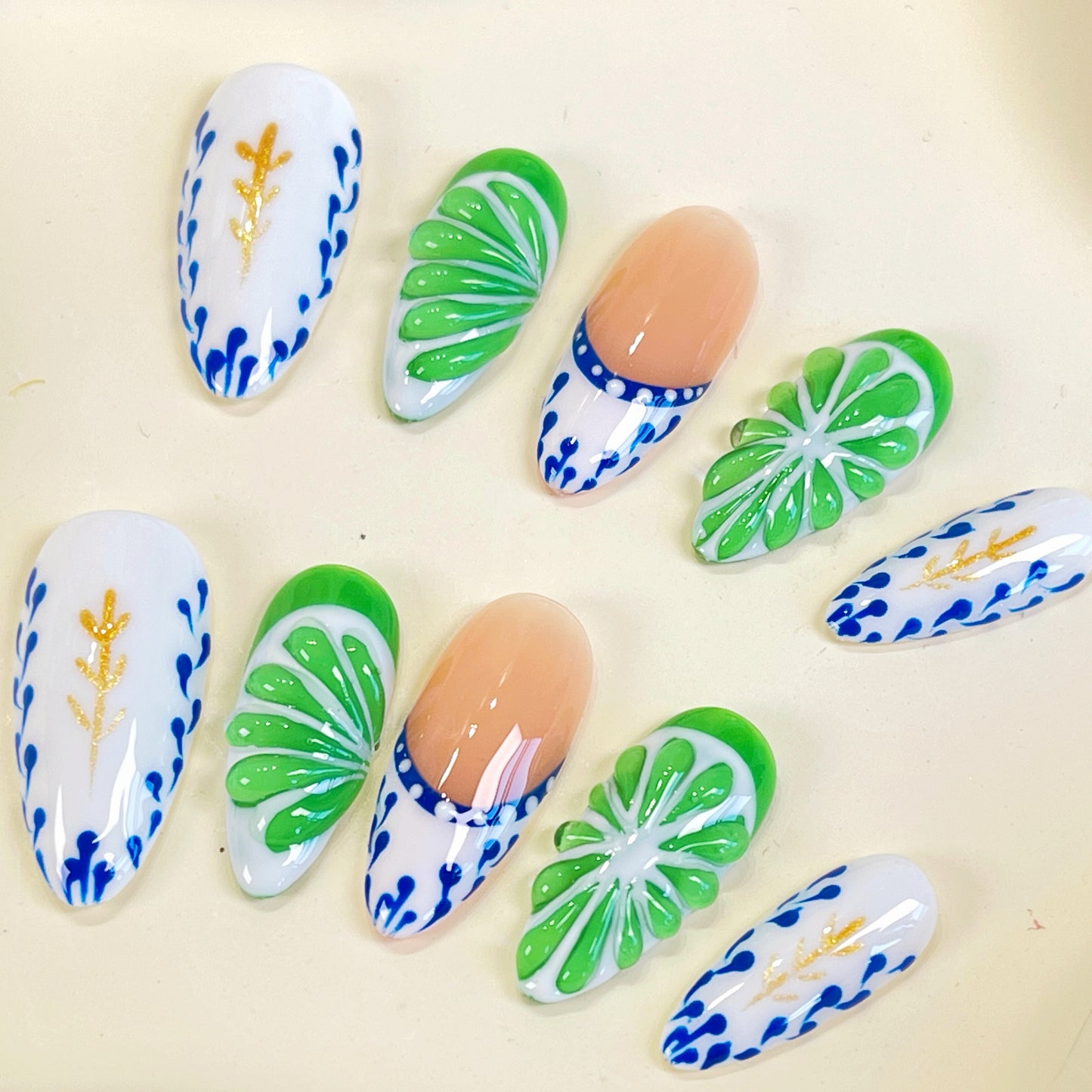 PO072 3D green lime fruit almond press on nails