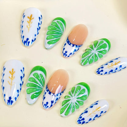 PO072 3D green lime fruit almond press on nails