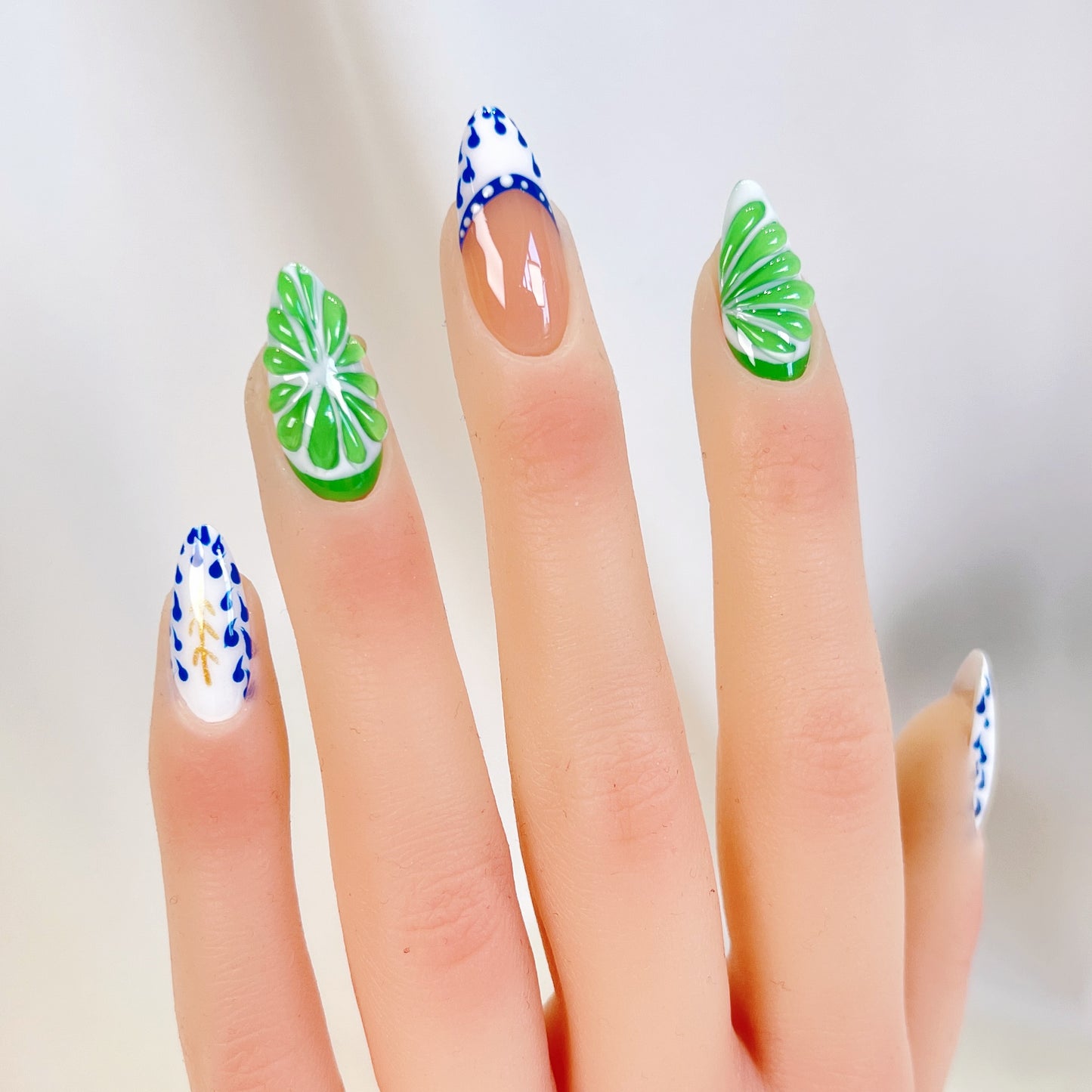 PO072 3D green lime fruit almond press on nails