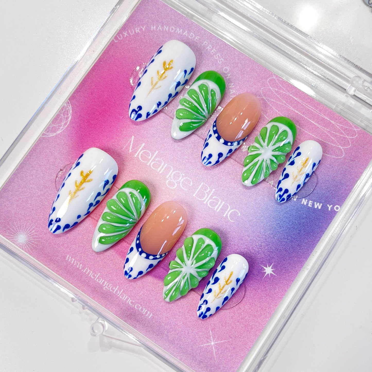 PO072 3D green lime fruit almond press on nails