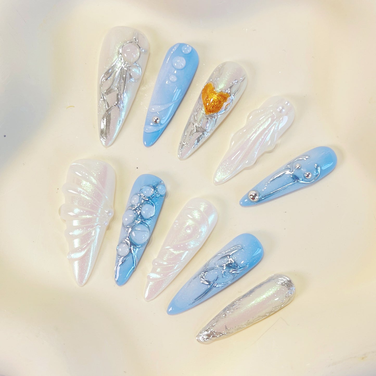 PO073 3D blue seashell ocean stiletto press on nails