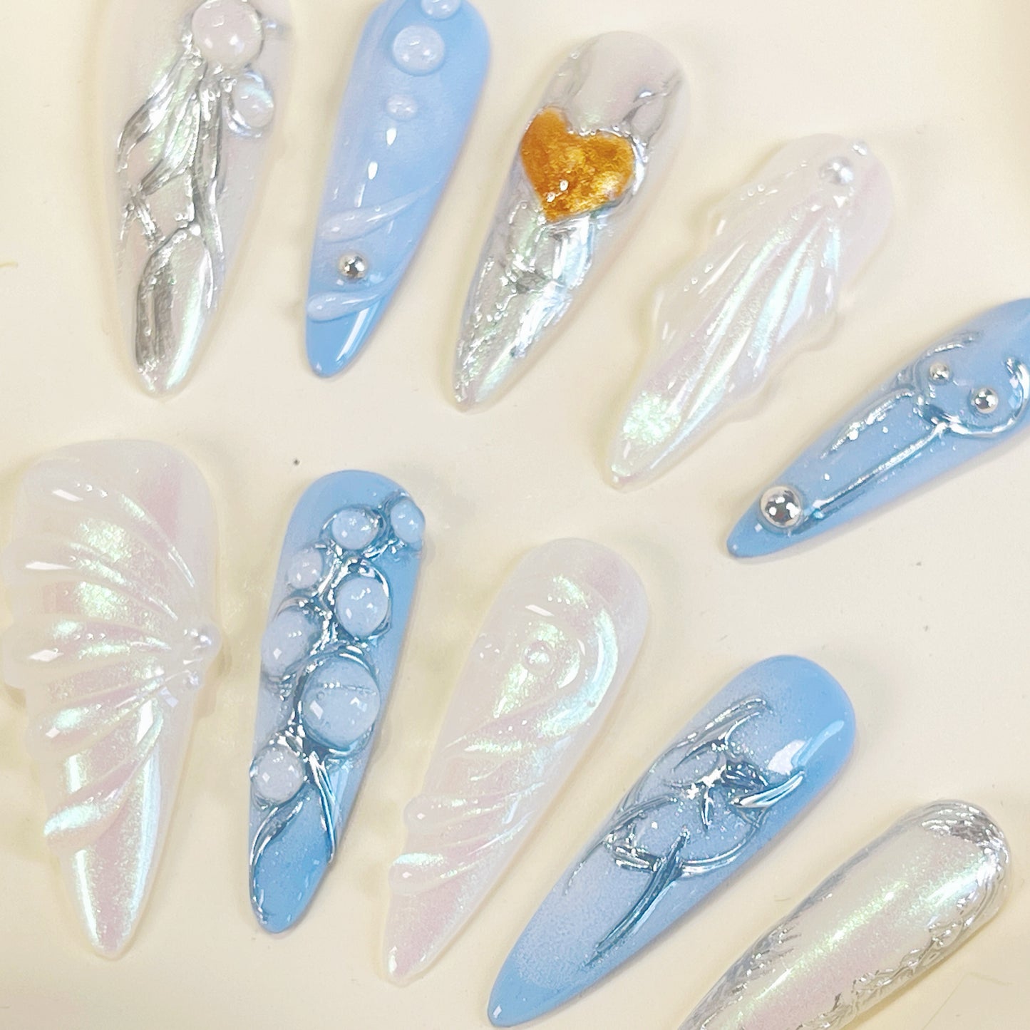 PO073 3D blue seashell ocean stiletto press on nails