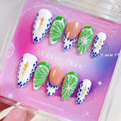 PO072 3D green lime fruit almond press on nails