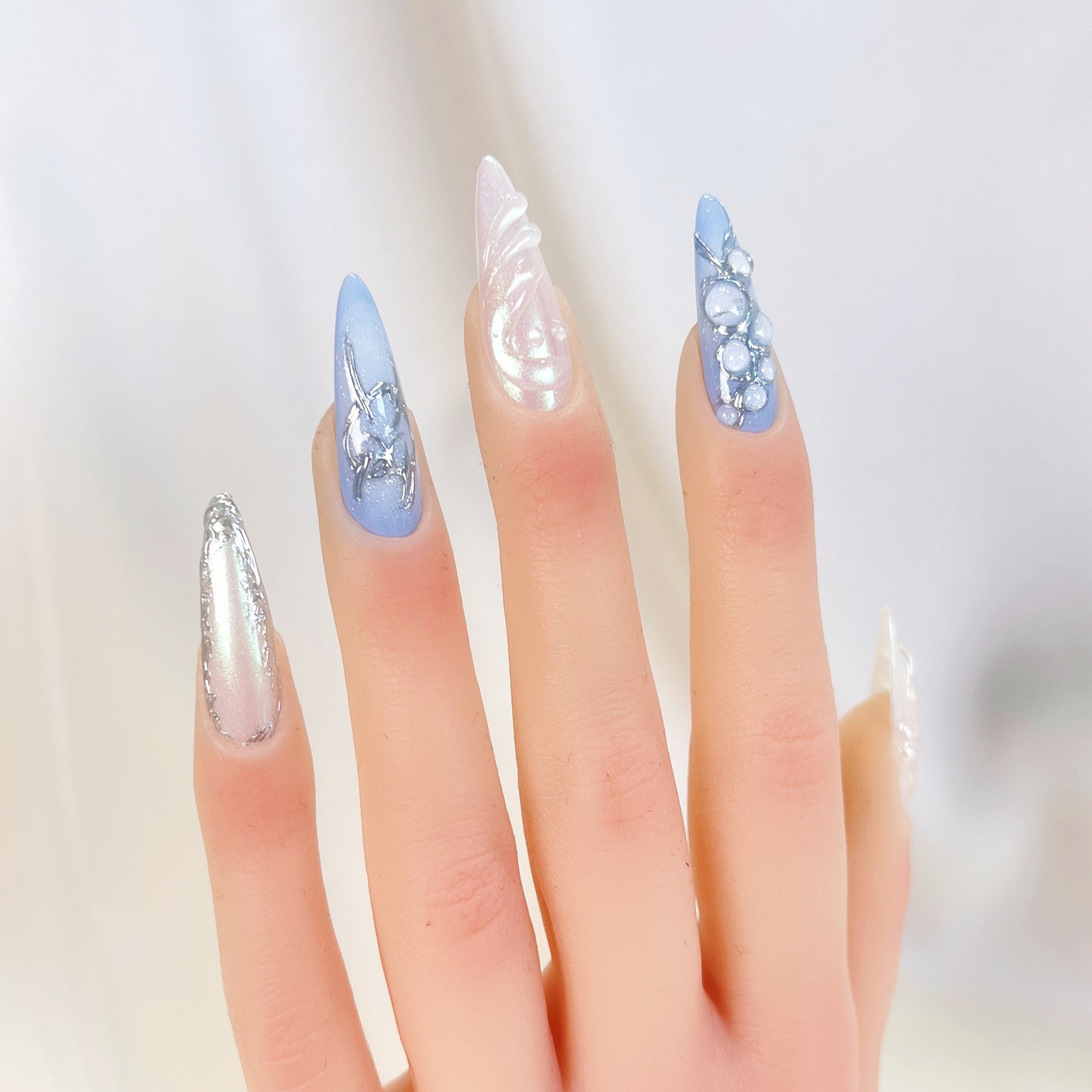 PO073 3D blue seashell ocean stiletto press on nails