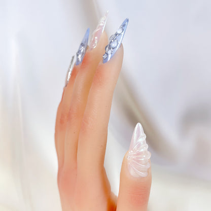 PO073 3D blue seashell ocean stiletto press on nails